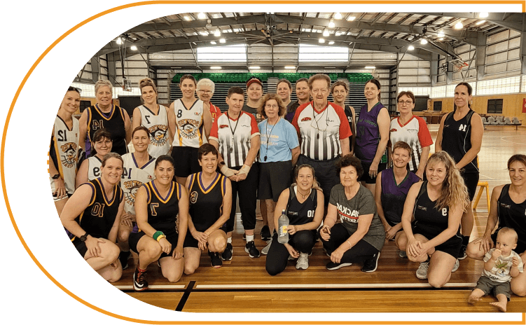 Group of new and returning players posing for the Mackay Basketball 2023 Ladies Daytime event at Mackay Basketball