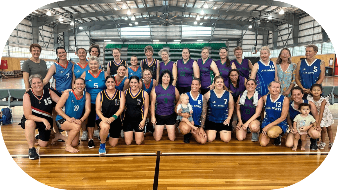 Group of new and returning players posing for the Mackay Basketball 2023 Ladies Daytime event at Mackay Basketball
